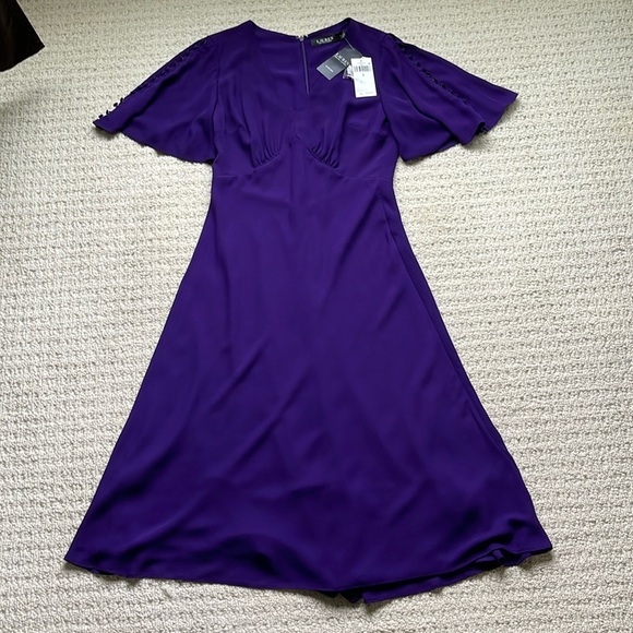 SOLD Ralph Lauren NWT Flutter-Sleeve V-Neck Empire-Waist Dress in Purple Size 6 - Picture 4 of 14